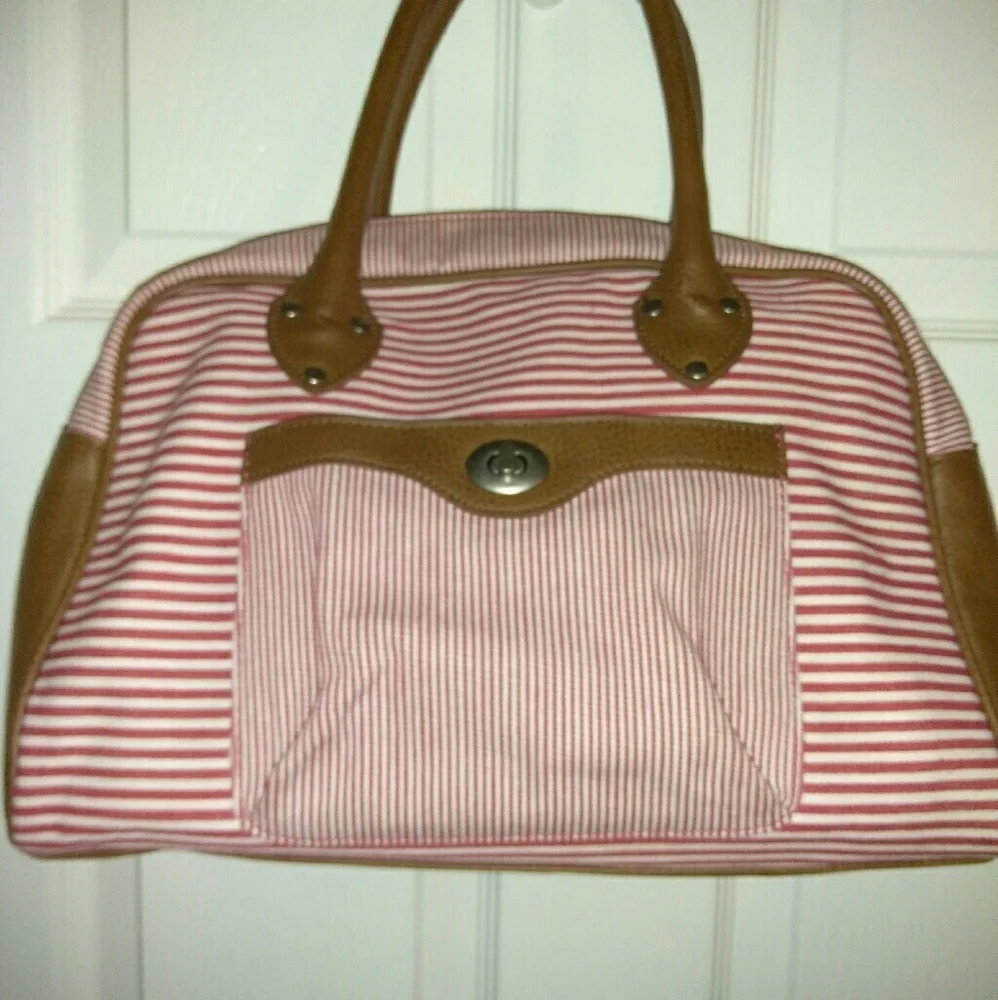 Red and white striped hand bag